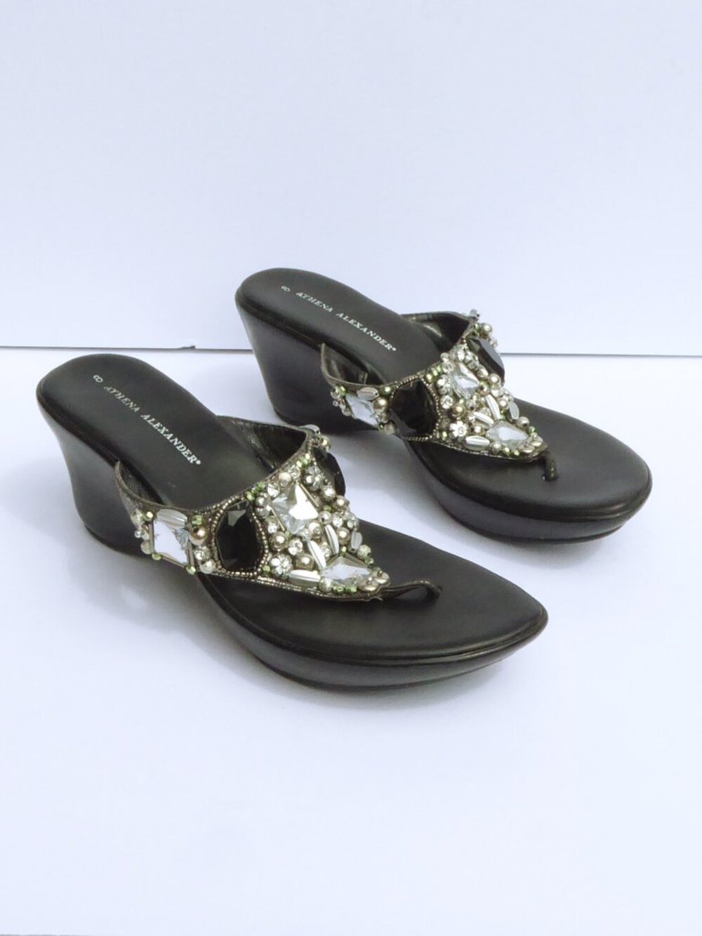 Athena Alexander black and clear rhinestone beaded wedge sandals women's size 8